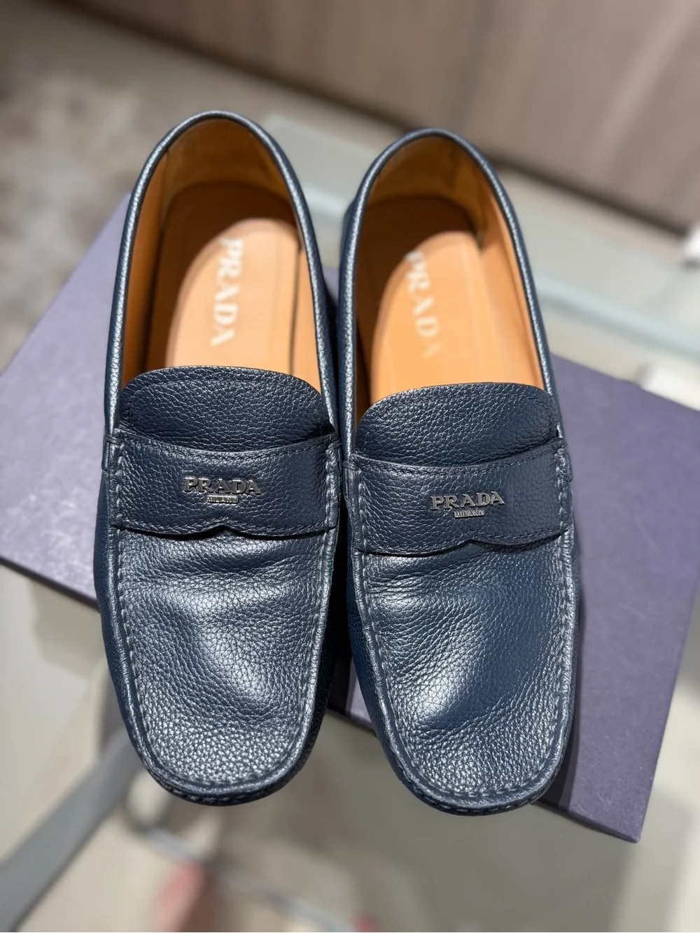 Prada Navy Pebbled Leather Driving Loafers